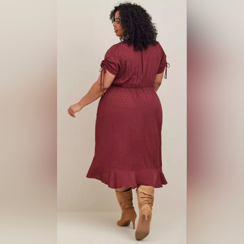 Torrid Maroon Swiss Linen Surplice Short Sleeve Midi Dress Pockets 2X 18 20 - Picture 2 of 5
